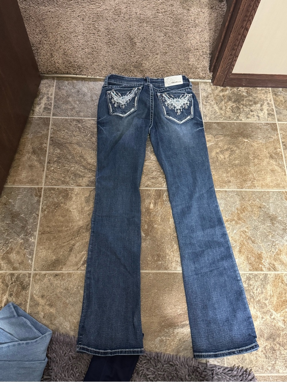 Grace Dark Blue Flare Jeans with Embellished Back Pockets